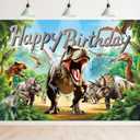 Newsely Dinosaur Birthday Backdrop 7Wx5H Photography Boy Dino Animals Cool Happy Birthday Park Theme Party Wildlife Background Green Tropical Jungle Decorations Banner Photo Booth Props Supplies