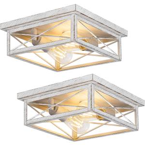 White Hallway Light Fixtures for Ceiling, 2-Light Farmhouse Industrial Flush Mount Ceiling Lights, 2-Pack Metal Kitchen Light Fixtures, Square Close to Ceiling Lights for Bedroom Living Room Entryway