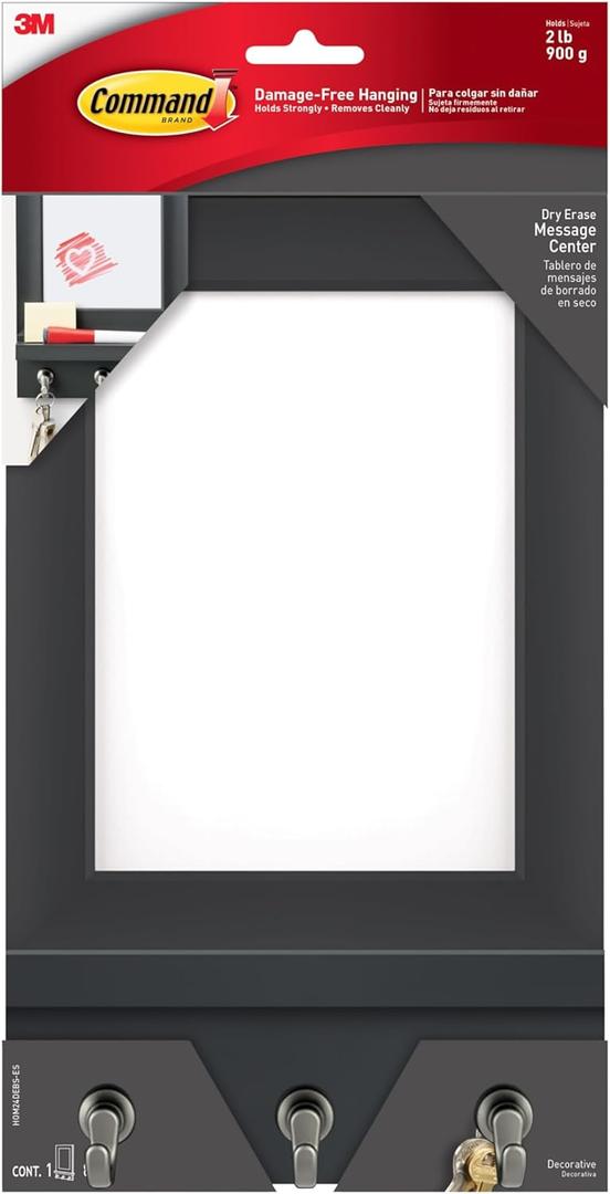 Command Dry Erase Message Center, Slate, 1-Message Center with Key Hooks, 8-Medium Strips (HOM24DEBS-ES), Great for Dorm Decor