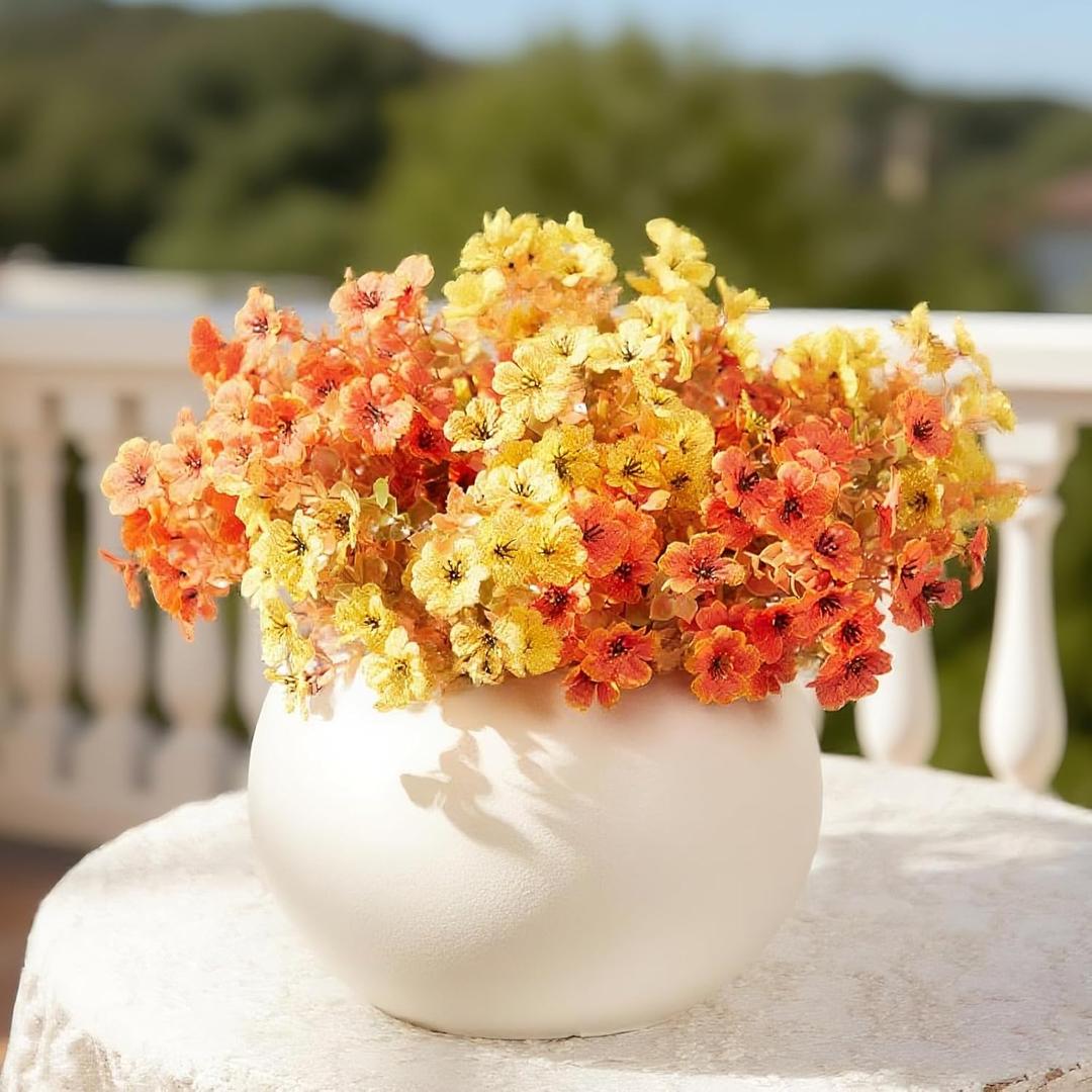 Fall Flowers Artificial for Decoration - 12 Faux Silk Eucalyptus Floral Stems, Artificial Fake Faux Mums for Outdoor Planters, Look Real UV Resistant for Porch Patio (12, Fall Orange Yellow)