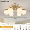 6 Lights Sputnik Ceiling Light Fixture,Semi Flush Mount Ceiling Light Sputnik with Milk Glass Globe, Brushed Brass Chandelier for Living Room, 25.98‘’ Large Mid Century Modern Fixture, 6-Gold Lights