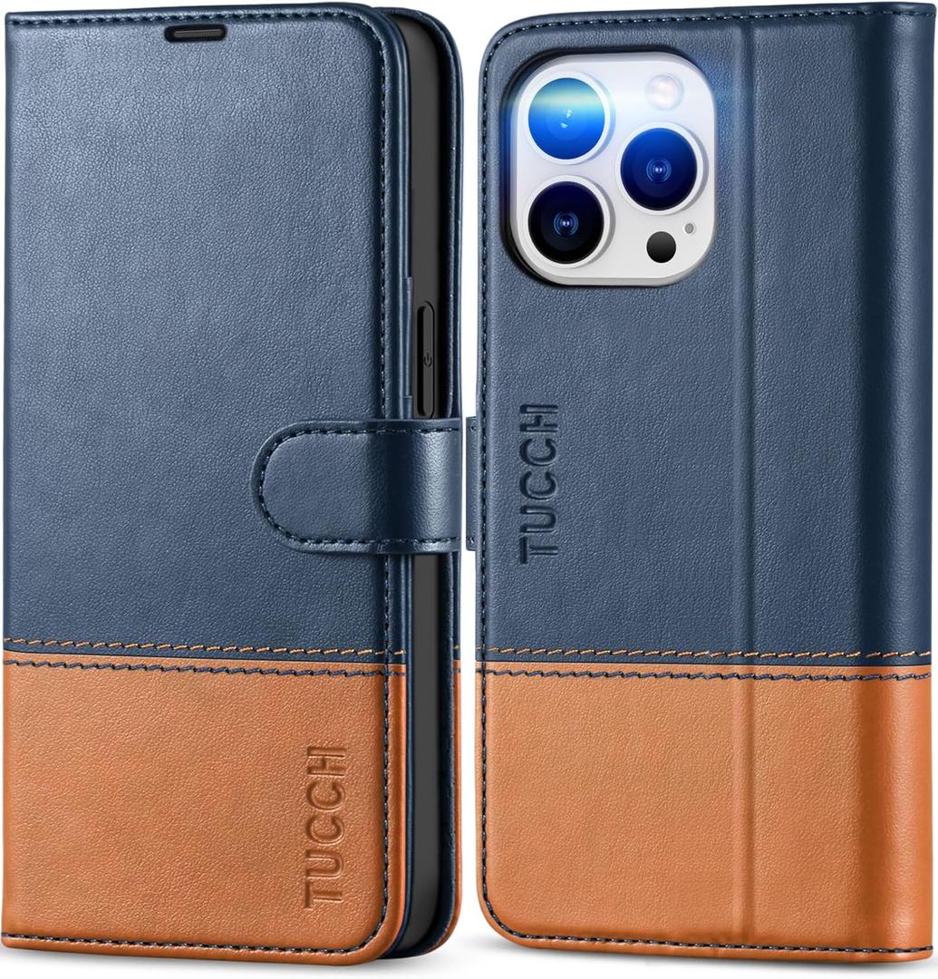 TUCCH Wallet Case for iPhone 13 Pro, [RFID Blocking] PU Leather Stand Folio with [TPU Protective Interior Case], Magnetic Card Slot Flip Cover Compatible with iPhone 13 Pro 6.1", Dark Blue & Brown
