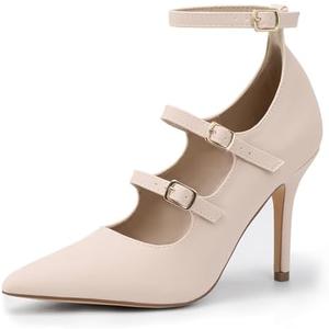 IDIFU IN4 Women's Pumps High Heels Dress Shoes for Women Closed Toe Strappy Heels Wedding Comfortable Dressy Formal Stiletto Ankle Strap Pointed Toe Three Strap Heels Pump Shoes(Nude Nubuck, 5.5)