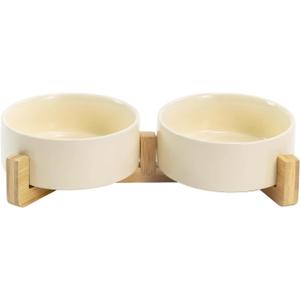 SPUNKYJUNKY Ceramic Dog and Cat Bowl Set with Wooden Stand, Modern Cute Weighted Food Water Set for Small Size Dogs (13.5OZ) & Medium Sized Dogs (28.7OZ) & Cats (1.7 Cups, 2  Beige)