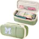 2 x Janhavi Initial Large Capacity Premium Oxford Cute Aesthetic Pencil Case Pouch Bag Special School Supplies Colored Stationery Organizer Gifts for Girls, Women, Adults (green)