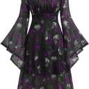 ROSE GAL Rosegal Plus Size Women Medieval Gothic Bell Sleeves Cold Shoulder Skulls Dress Halloween Dress (XL)