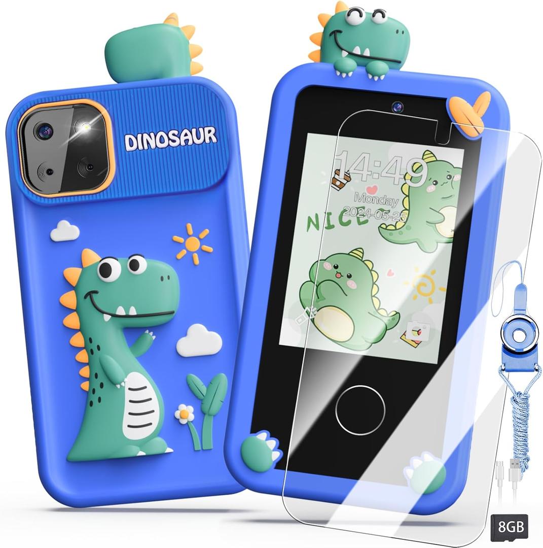 Luyiilo Kids Smart Phone Toys for Boys,Dinosaurs Gift Toys for Boys Ages 3-9 Christmas Birthday Gifts Mini Smart Phone Toys With 2.8" Touchscreen 16 Learning Games Dual Camera Music Player, 8G SD Card