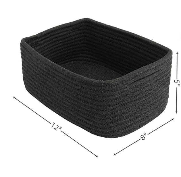 Small Woven Storage Baskets 12“X8”X5“ Decorative Rope Bins for Organizing Shelves, Closets, and Toys, Empty Gift Baskets, Cute Organizer Basket for Home and Office (black, regular)