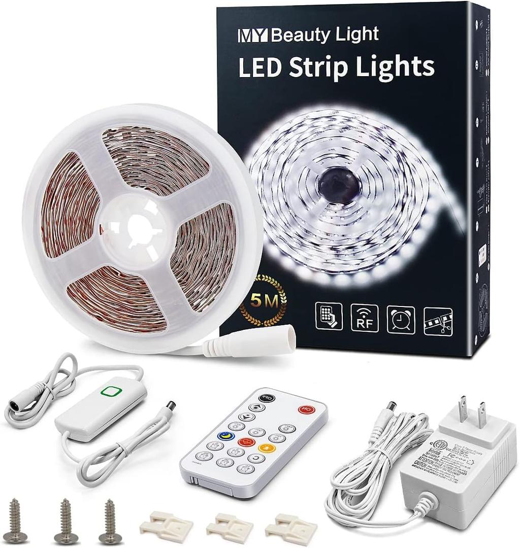 MY BEAUTY LIGHT White LED Strip Lights, 16.4ft Dimmable LED Light Strip with RF Remote, 300 Bright 6500K 2835 LEDs, Strong Adhesive LED Tape Light with Timing Mode for Mirror Bedroom Kitchen Cabinet