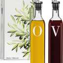 GREENOLIVE Olive Oil and Vinegar Dispenser Set - 17 oz. Glass Bottles with No-Drip BPA-Free Spouts - Stylish O and V Identifiers for Kitchen and Dining Use - Set of 2 (White)