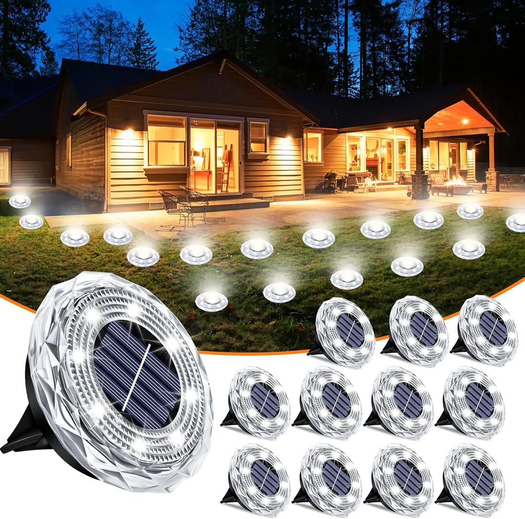 Solar Ground Lights 12 Pack Waterproof Outdoor Solar Lights for Yard Led Solar Garden Lights Bright Solar Powered Disc Light In-Ground Landscape Lighting for Patio Pathway Walkway Driveway, White