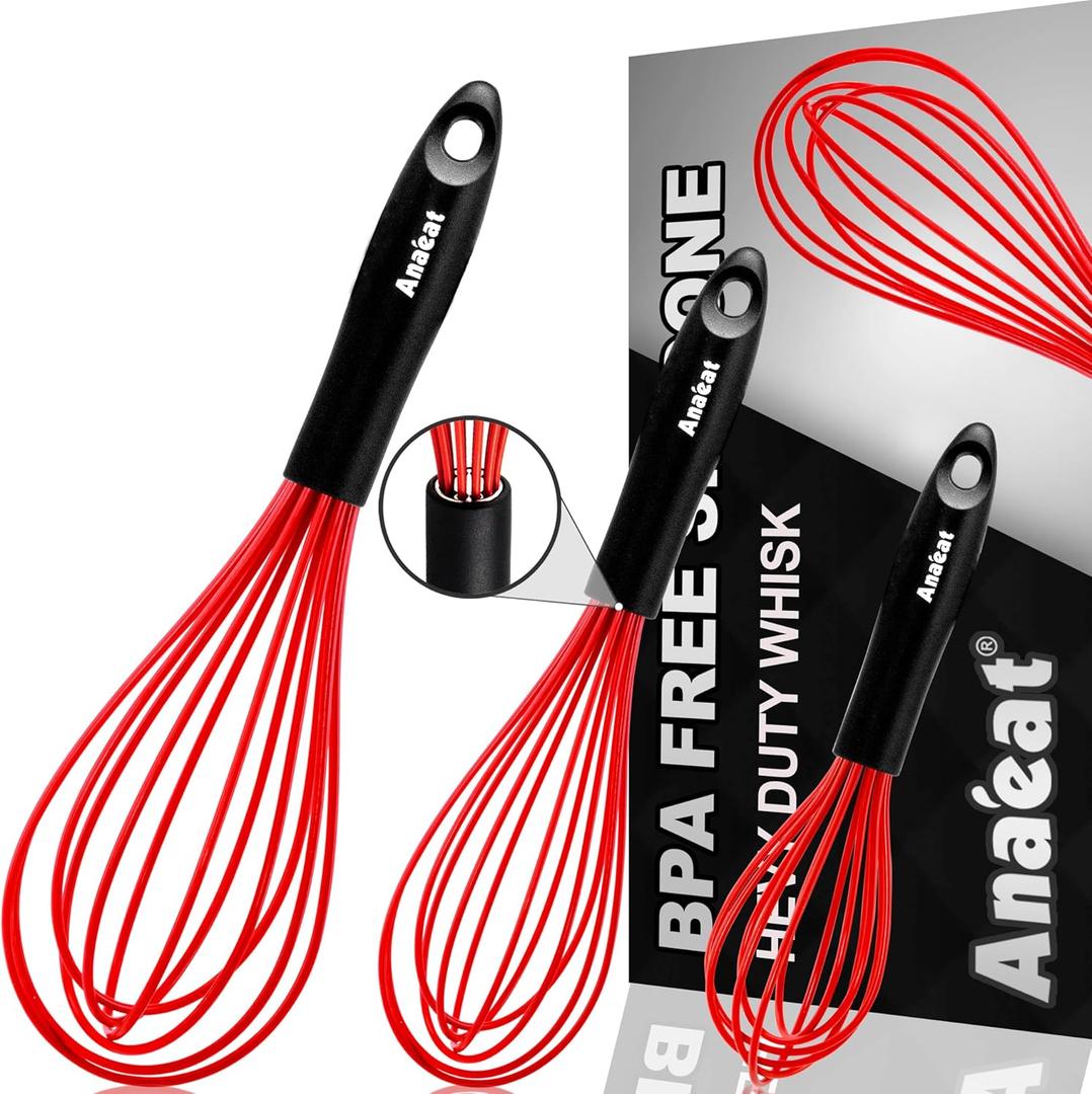 Anaeat Silicone Whisk, Thick Stainless Steel Wire Inner - Heat Resistant Kitchen Whisks for Non-Stick Cookware, Balloon Egg Beater for Whisking, Blending, Beating, Frothing & Stirring (Red) (9+11+12 inch, 3 Pcs Red)