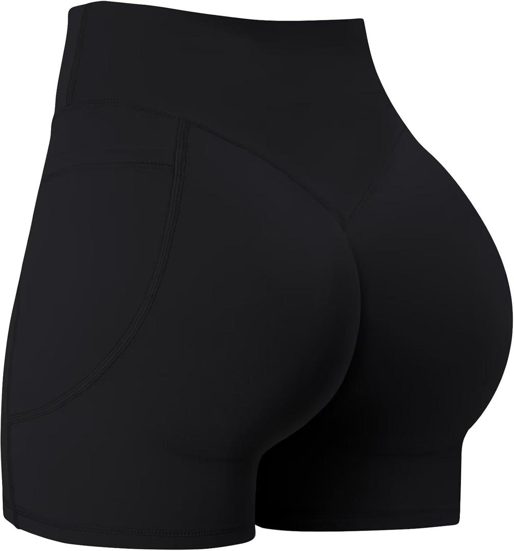 Sunzel Hidden Butt Lifting Scrunch 4 Inch Biker Shorts with Pocket Women No Front Seam High Waist Tummy Control Yoga Shorts (Large, Black)