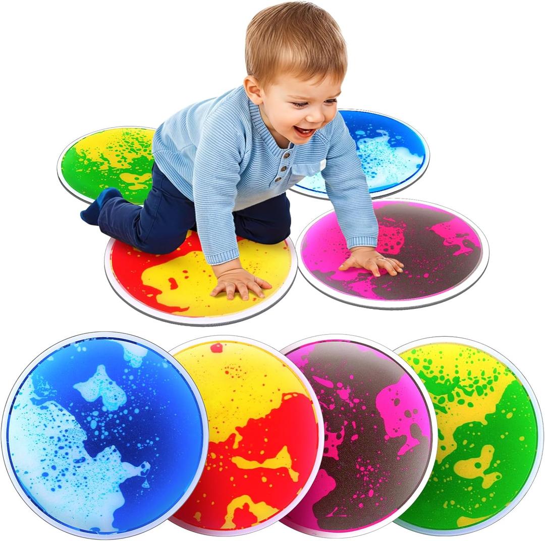 Sensory Floor Tiles for Kids Toddlers: 4 Pack Sensory Toys for Kids with Autism & ADHD, Round Liquid Play Mats for Lava Games, Gross Motor Skills- Sensory Room, Daycare Essentials, Preschool Must Have