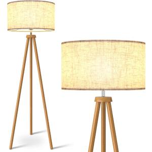 LEPOWER Wood Tripod Floor Lamp, Mid Century Standing Lamp for Living Room, Flaxen Lamp Shade, Modern Design Standing Lamp with E26 Base, Tall Floor Light for Bedroom, Study Room and Office Brown