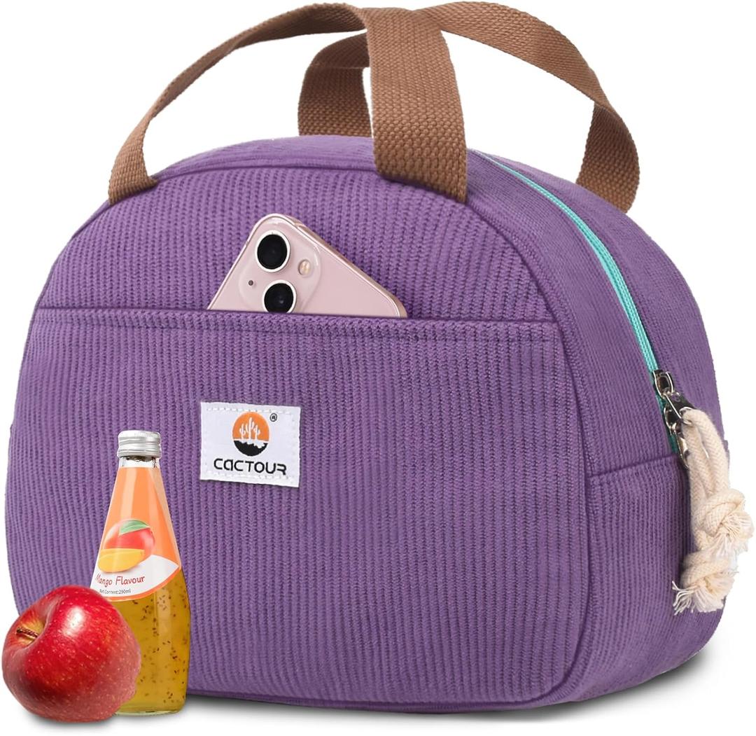 Lunch Box Lunch Bag for Women Girls Teens, Cute Lunch Box Cooler Bag, Portable Small Insulated LunchBox Reusable Corduroy Lunch Tote for Work/Travel/Picnic/School (Purple)