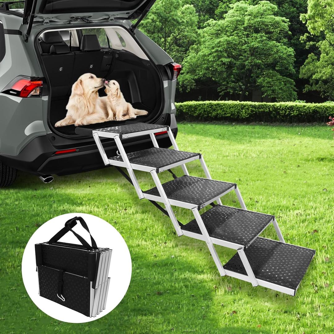 PENSUN Dog Stairs with Nonslip Surface Portable Folding Pet Ramp for Car, SUV and Trucks Foldable Truck Ramp Stairs for Small to Large Size Dogs Up to 250LBS