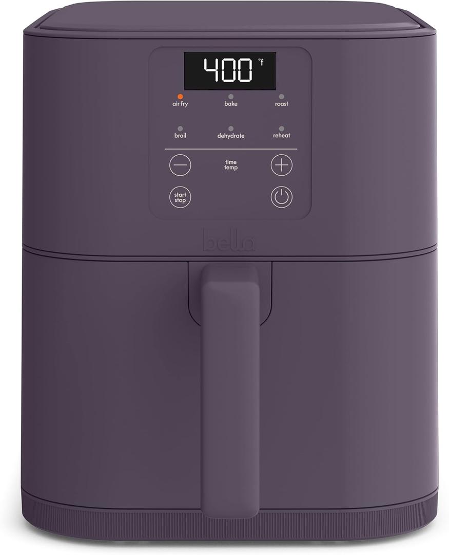 bella 6 Qt Slim Air Fryer, Fits-anywhere Kitchenware, EverGood Ceramic Nonstick Coating, Adjustable Temperature, 6 Preset Cooking Options, 60 Min Auto Shutoff w Audible Tone, 5lb Capacity, Plum