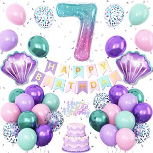 7th Mermaid Birthday Decoration,Metallic Purple Pink Green Blue Latex Balloons for Girls Party Decoration Number 7 Seashell Foil Balloons Banner Cake Topper Mermaid Sea Decorations