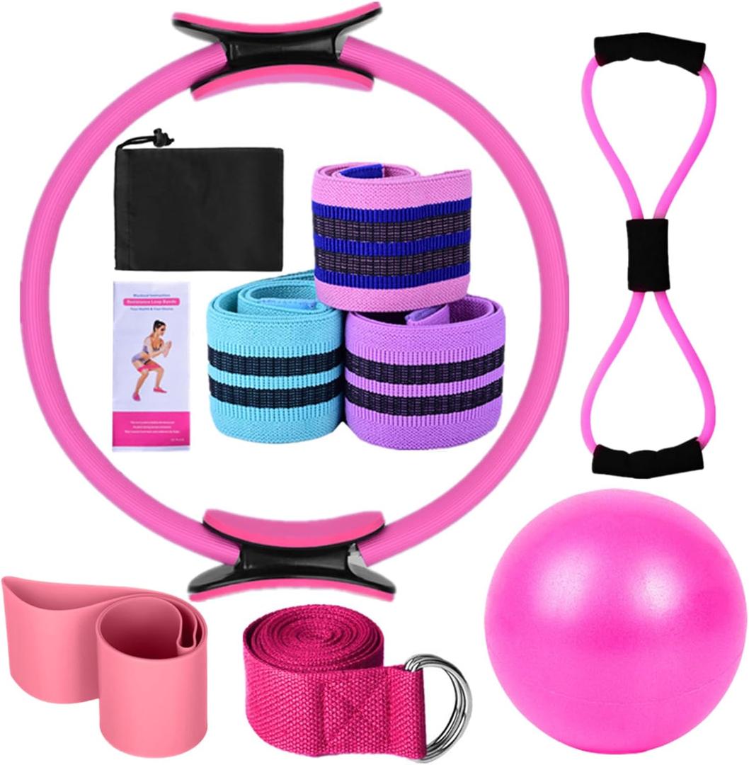 Yoga Sets for Women Pilates at Home Equipment Pilates Magic Ring Booty Bands for Working Out Glutes Yoga Ball 25cm Figure 8 Resistance Band Yoga Bands for Stretching (Pink)