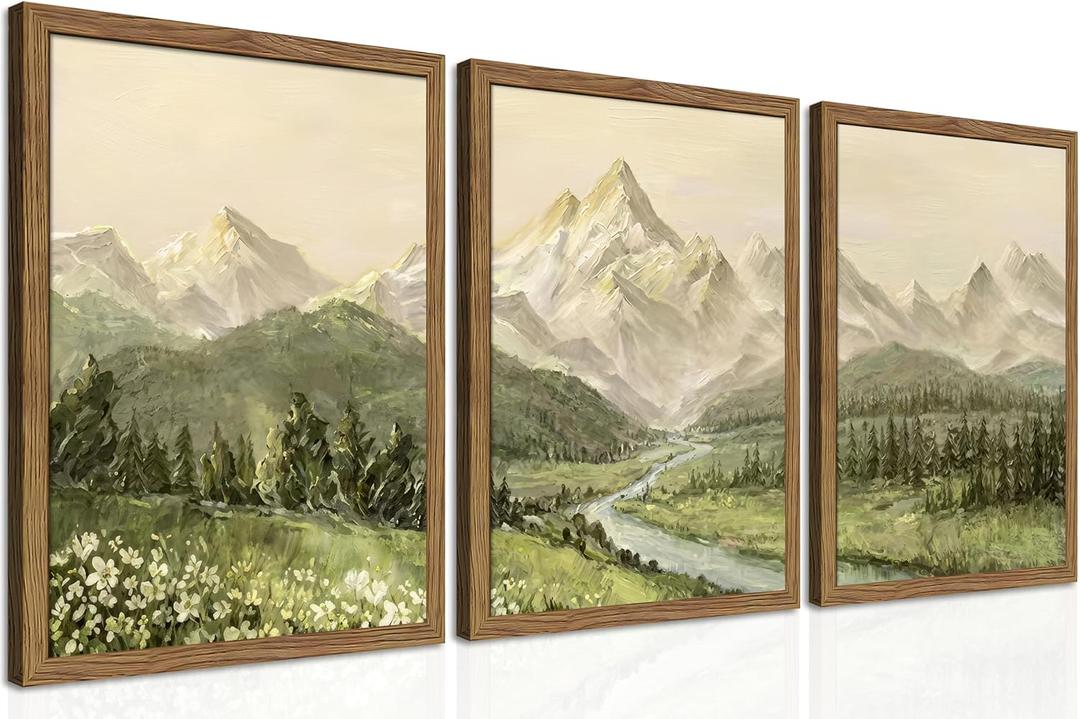 Framed Mountain Wall Art for Living Room, Green Nature Landscape Canvas Wall Decor Set of 3, Vintage Forest Rustic Farmhouse Prints Pictures Paintings for Office Bedroom 16x24 Inch, 24L" x 16W"