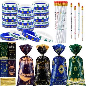 Mooliwe 144 Pcs Ramadan Mubarak Party Favor Gifts Bulk 48 Eid Ramadan Muslim Pencils 48 Mubarak Wristbands 48 Cellophane Gift Bag for Party Decorations Supplies(Conventional Style)