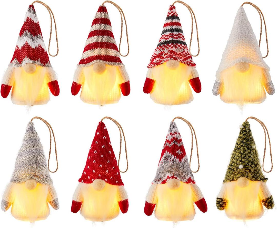Gnome Christmas Ornaments, 8 Packs 5" Christmas Gnomes, Lighted Tree Ornaments, Bulk Gifts for Coworkers, Adorable Christmas Gnomes Decoration for Xmas Birthday Home Room Decor