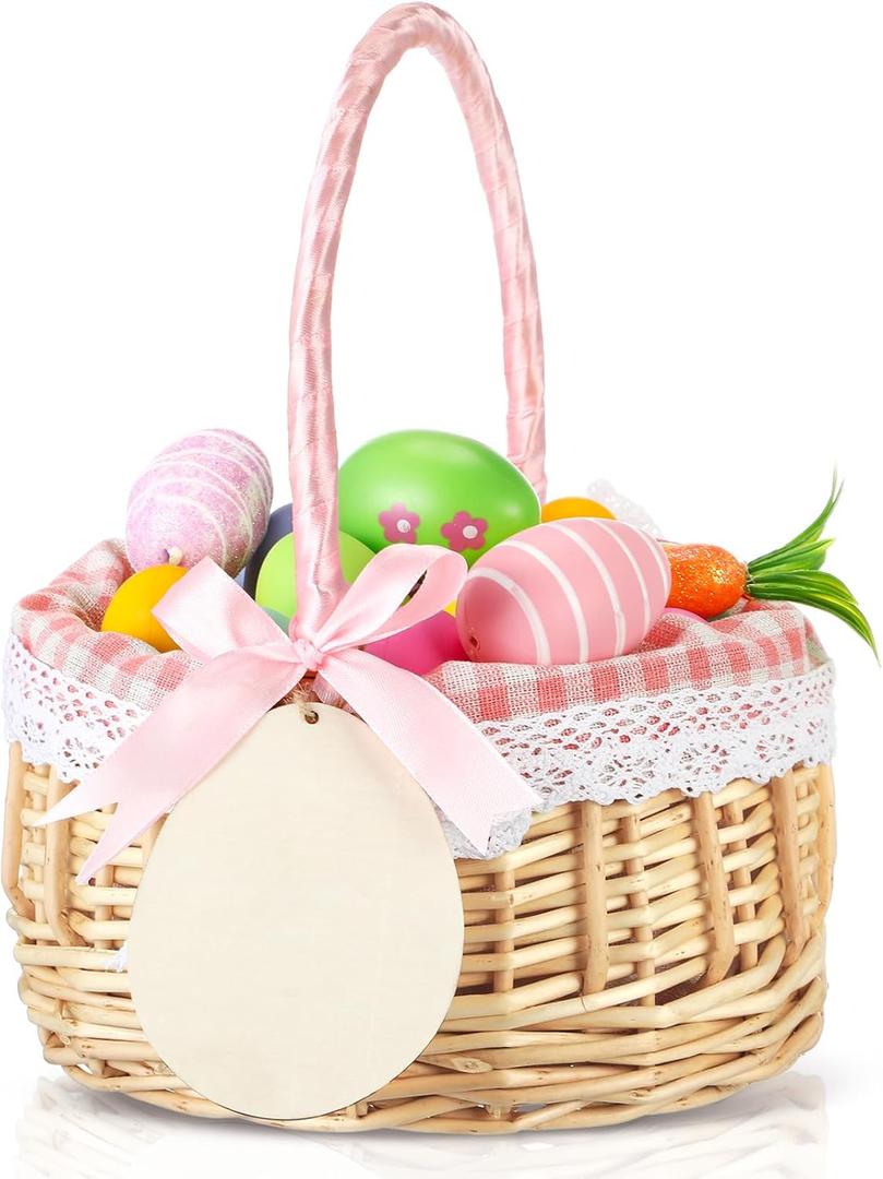Easter Egg Basket Wicker Picnic Basket Tote Bags with Name Tag Wooden Egg Easter Candy Storage Wine Basket with Handle Gathering Wedding Gift Baskets for Party Supplies(Pink)