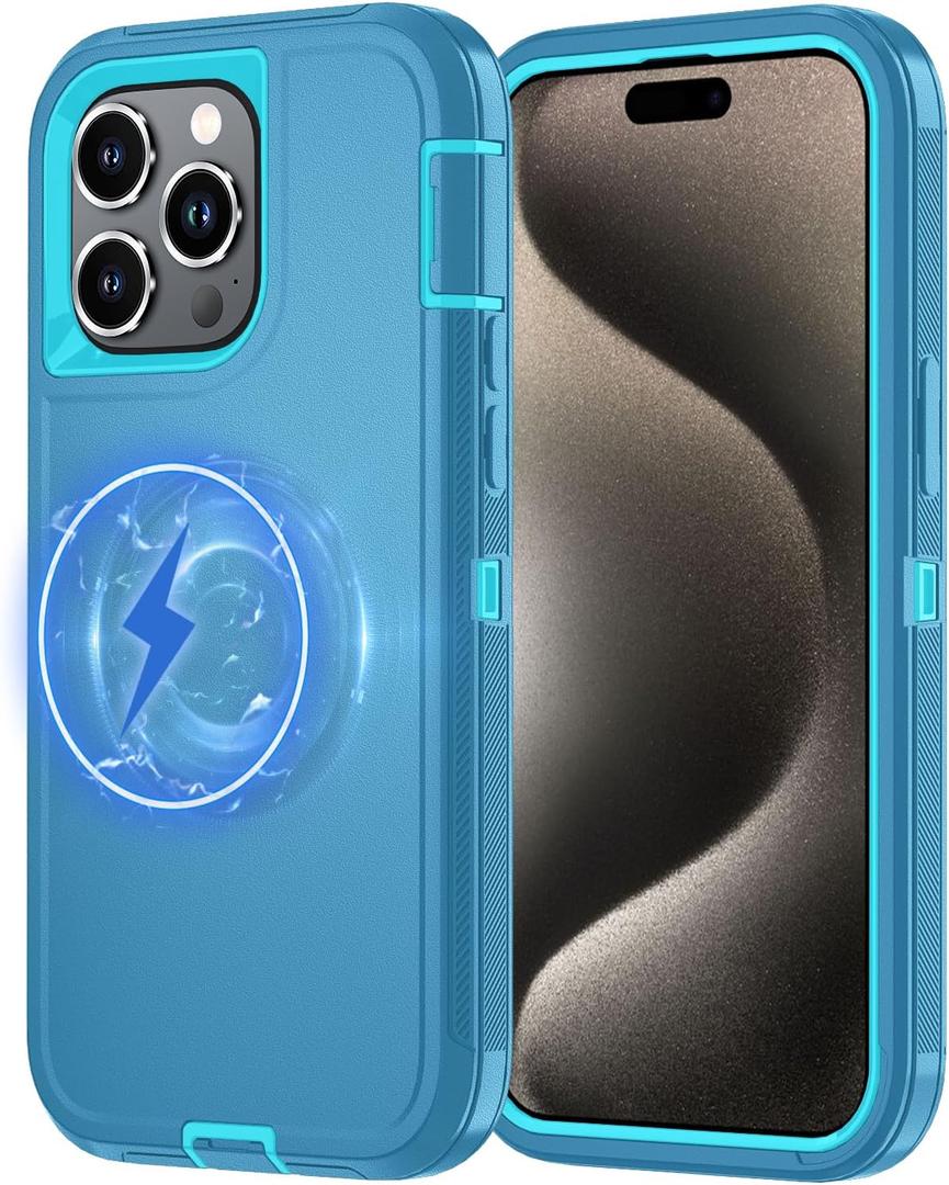 7 x for iPhone 15 Pro Case [Compatible with MagSafe], Heavy Duty Shockproof 3-Layer Full-Body Protection Rugged Cover, Drop-Resistant and Wireless Charging Friendly (Aqua, iPhone 15 Pro)