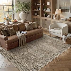 Schweek 6x9 Brown Area Rug Washable Neutral Vintage Distressed Living Room Rugs Large Non Slip Low Pile Soft Floral Carpet Stain Resistant Throw Rug for Bedroom Dining Room Kitchen Office Nursery