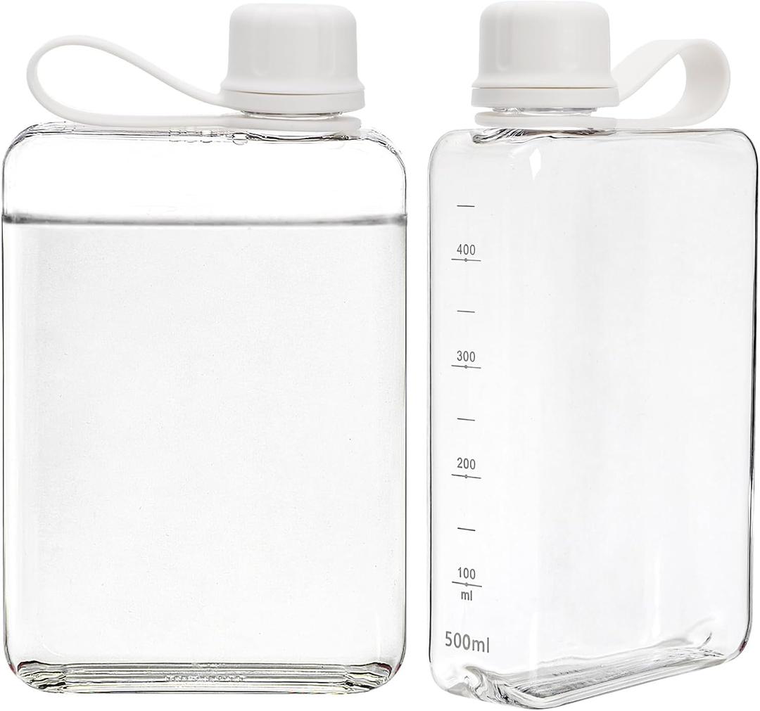 2 Pack Portable Flat Water Bottle, 17 Oz BPA Free Plastic Drinking Bottles for Travel, Leakproof Slim Flask for Outdoor Sports Fitness Camping, Fits Purse Pocket