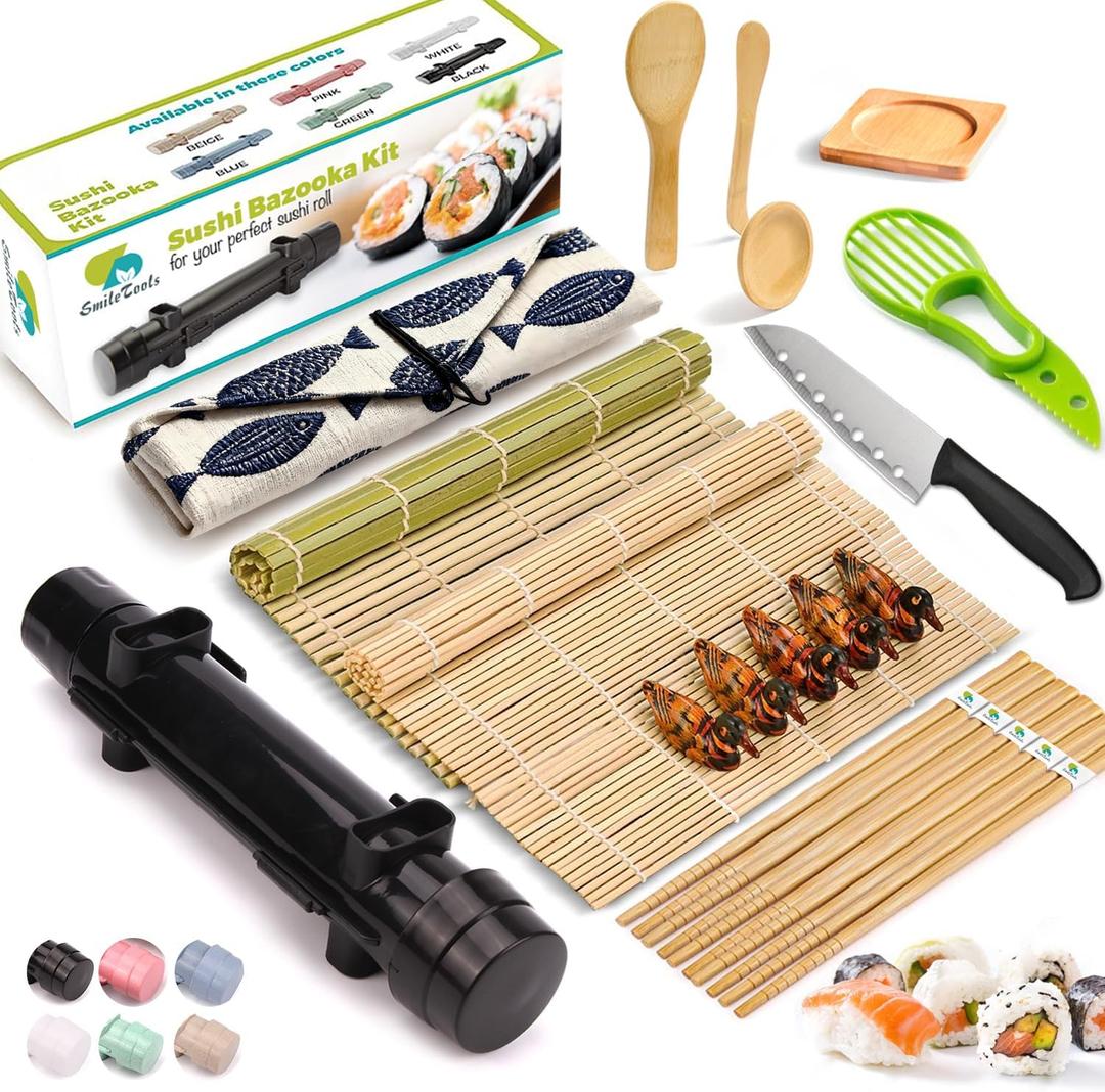 Sushi Making Kit, 22pcs Roller Maker for Beginners With Guide Book, Bazooka, Knife, Mat, Avocado Slicer, Chopsticks, Sauce Dishes & More - Sushi Lover's Gift (Black2)