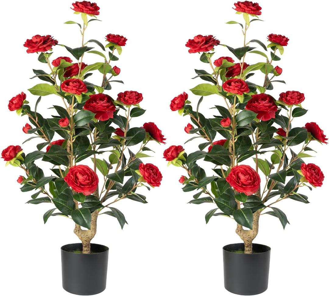 Artificial Camellia Tree 2 Pack - Realistic Camellia Plants in Pot with Red Flowers, Lifelike Faux Greenery for Living Room, Patio, or Wedding, Red