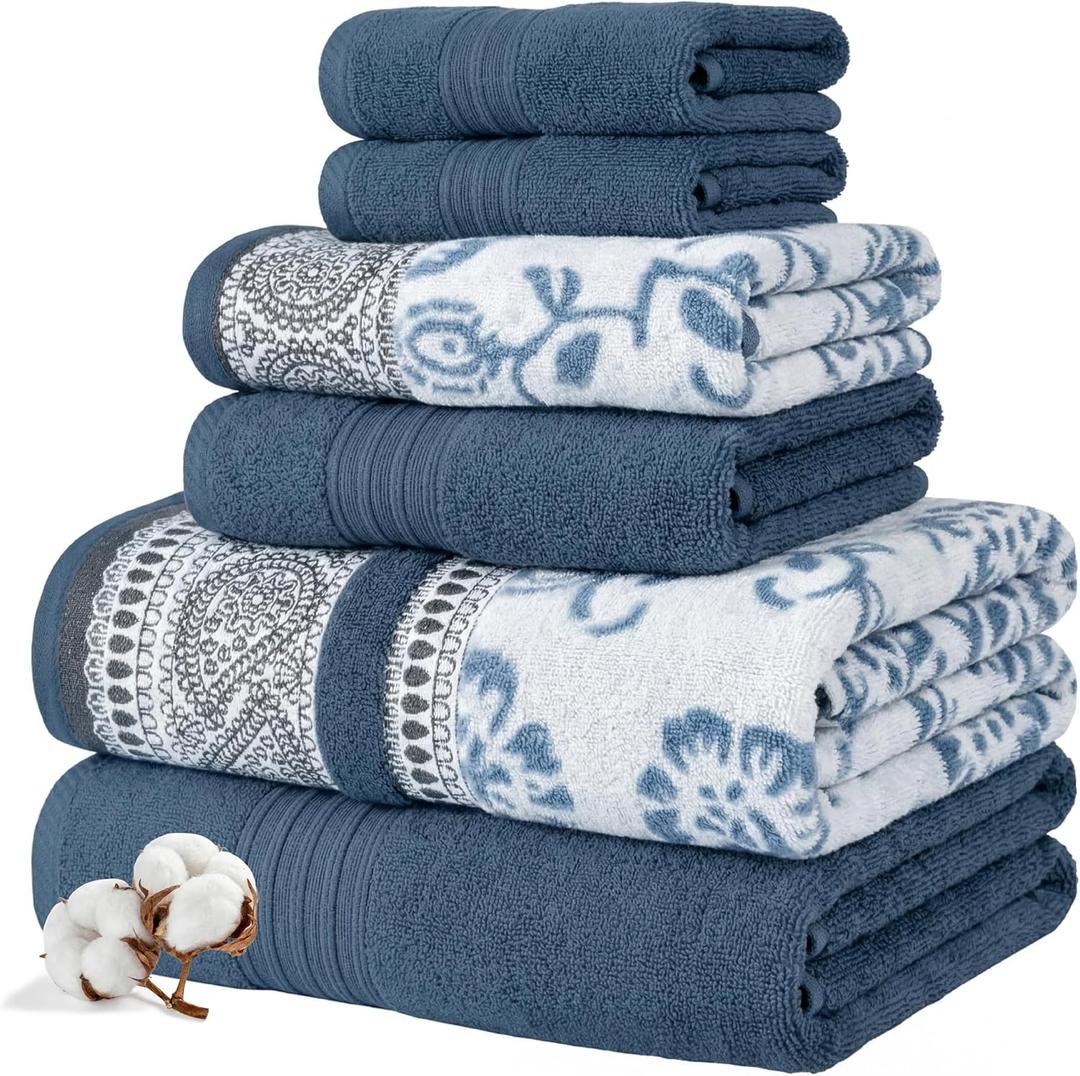 Modern Threads Floral Trail 6-Piece 100% Cotton Towel Set Reversible Yarn Dyed Jacquard - Includes 2 Bath Towels, 2 Hand Towels, 2 Washcloths Absorbent, Quick Dry, Soft & Durable Navy