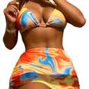 COZYEASE Women's 4 Piece Swimsuits Sexy Bikini Sets Triangle Bathing Suit with Mesh Cover Up Beach Skirt & Bandana (Medium, Multicolor All Over Print)