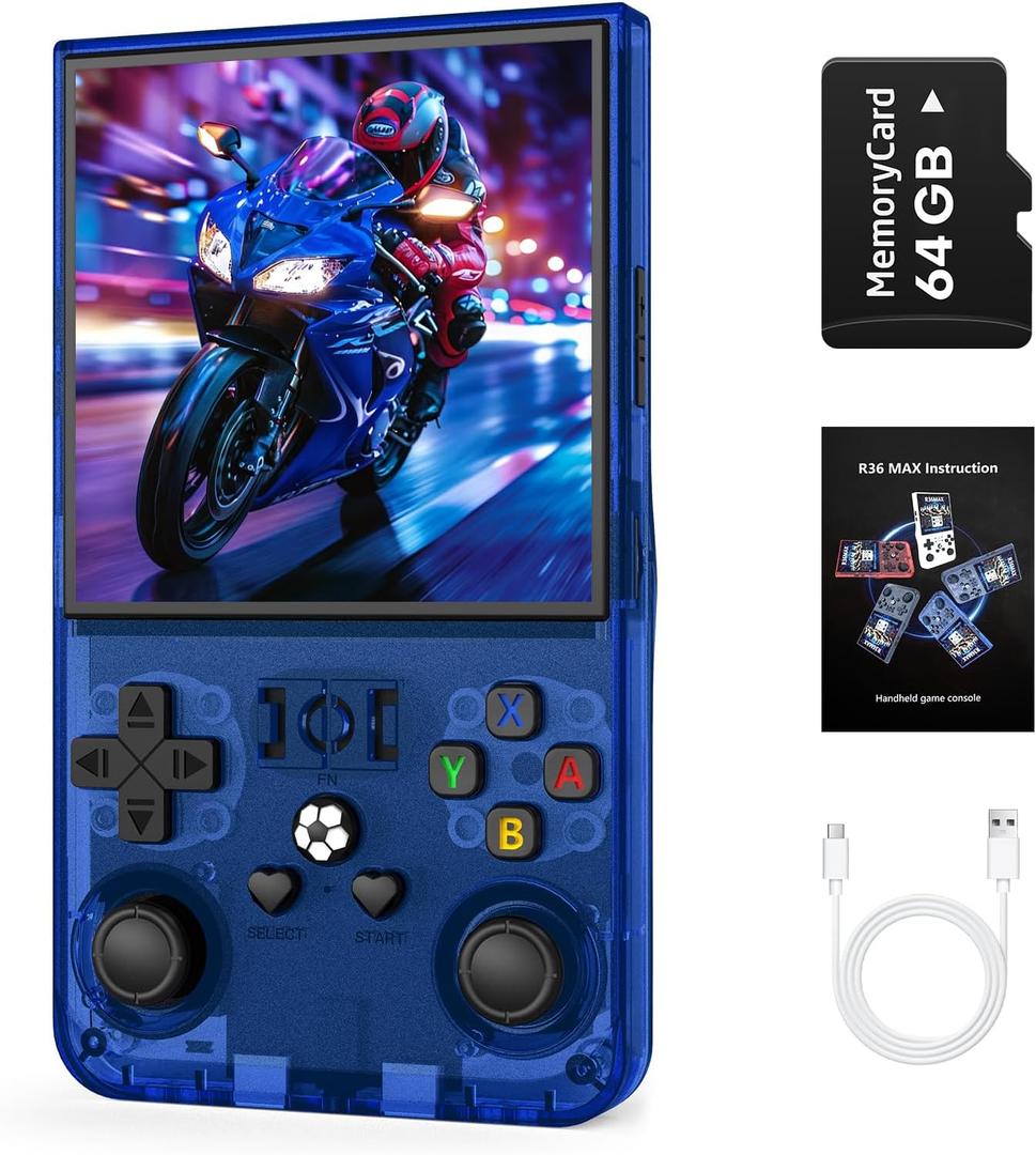 R36MAX Handheld Game Console, Retro Gaming Console with 4000mAh Battery 4.0IPS Screen, Open Source Linux System, with 64GB TF Card Portable Video Gaming Console, Transparent Blue
