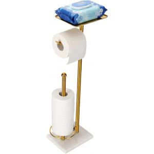 Gold Toilet Paper Holder with Shelf, Free Standing Toilet Paper Holder with Storage - Toilet Paper Stand for Holding Extra 3 Rolls, Tissue Holder for Bathroom (Gold with Marble Base)
