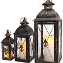 TRIROCKS Set of 3 Decorative Hanging Lantern 19'' High Vintage Metal Candle Holder with Tempered Glass Perfect for Living Room Garden Yard Patio Parties Events Indoors Outdoors (Black)