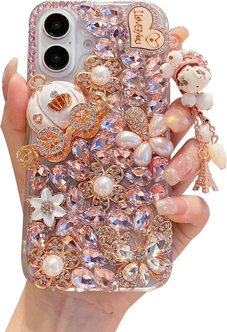 iFiLOVE for iPhone 16 Plus Bling Diamond Case, 3D Luxury Sparkle Glitter Crystal Rhinestone Butterfly Flower Pendant Charm Case Cover for Girls Women Kids (Pink)