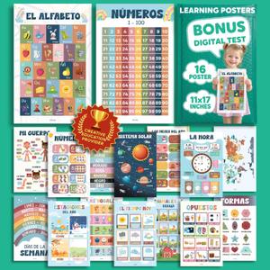 EXCOOL CLUB 16 Spanish Classroom Posters For Elementary - Colorful Bilingual Educational Posters For Toddlers 1-3, Laminated Learning Poster Preschool Must Haves, Abecedario Para Nios En Espaol