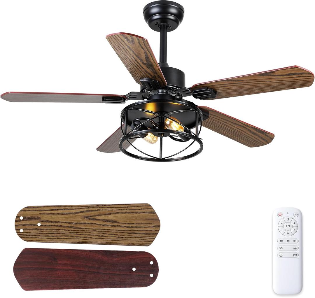 Ceiling Fan with Light and Remote,42in Farmhouse Caged Flush Mount Ceiling Fans for Bedroom,Living room Rustic Industrial Fandelier for Patio 6 Speed Reversible,5 Dual Blades Indoor/Outdoor