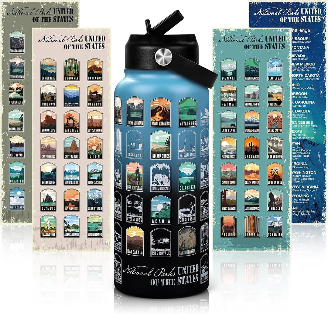 National Parks Water Bottle with Stickers | 32oz Leakproof Insulated Stainless Steel with Straw | Perfect for Hiking, Camping & Travel (Blue-Black)