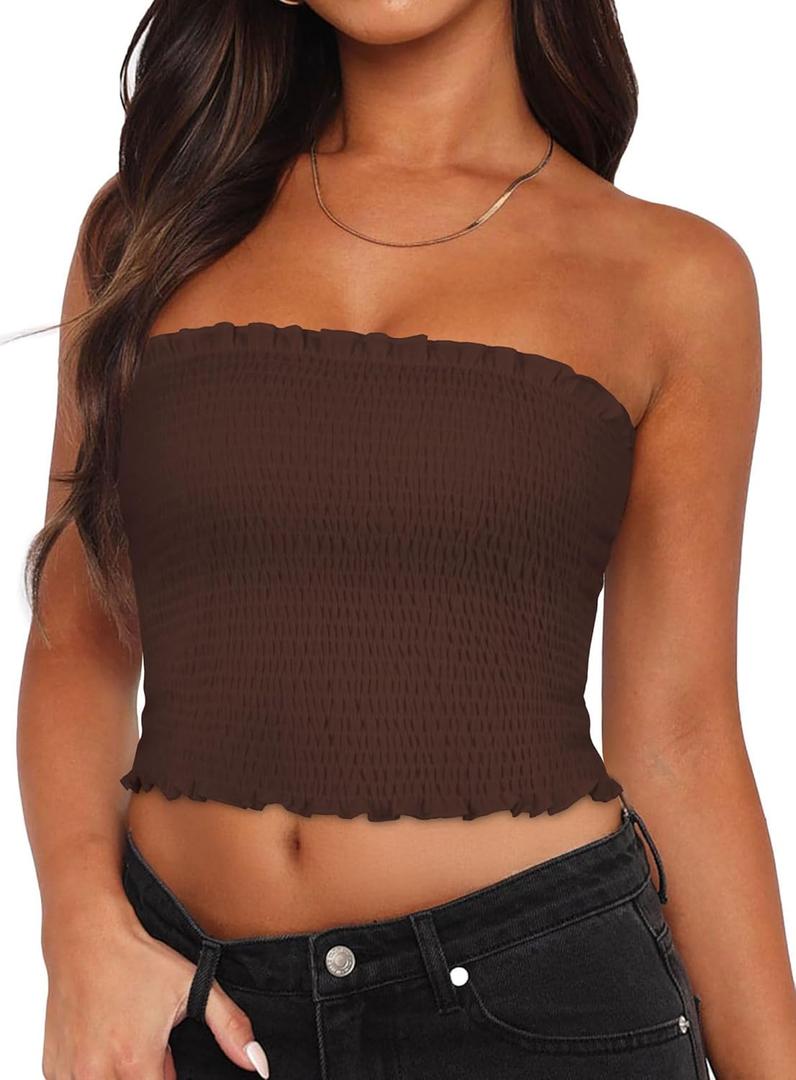Womens Tube Top Summer Strapless Crop Tops Basic Tank Casual Sleeveless Shirt (X-Large, Brown)