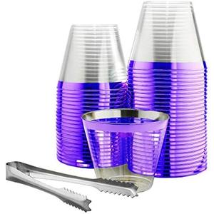 100 Purple Rimmed Plastic Cups and 1 Silver Ice Tong Set - 9 Ounce Disposable Wine Glasses - Plastic Cocktail Cups - Fancy Clear Plastic Cups - Purple Party Decorations - Mermaid Party Supplies