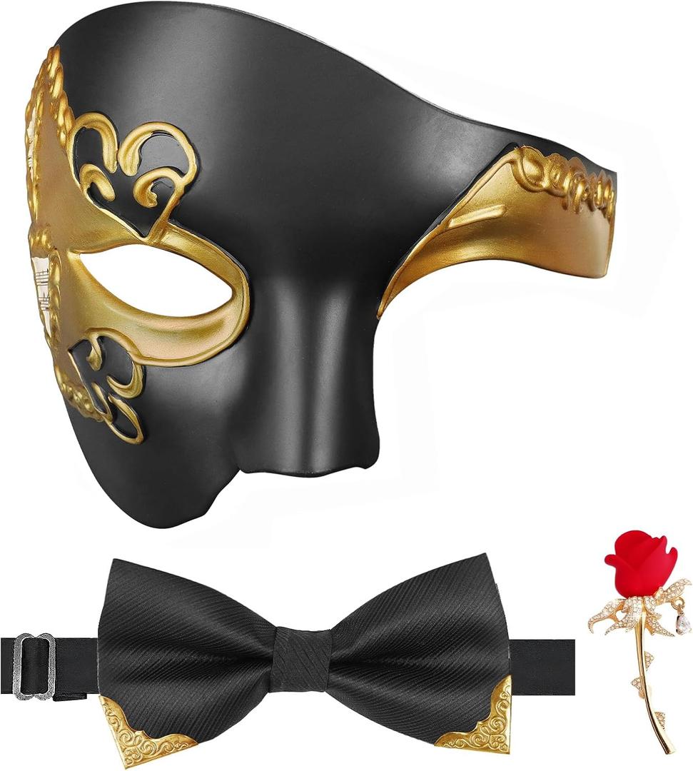 FunMular Masquerade Mask for Men Phantom of The Opera Mask Half Face with Bowtie Brooch for Halloween Mardi Gras Party