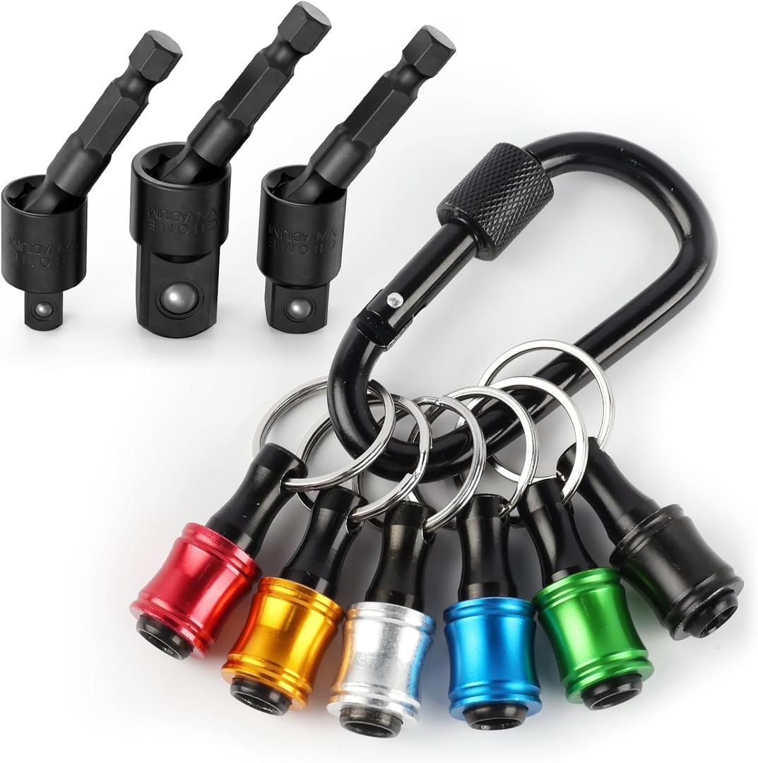 Katerk 1/4 Bit Holder Key Chain Cool Gadgets, Drill Bit Holder for Impact Driver, w/Impact Socket Adapter for Drills, 360 Rotatable and Hex 1/4" 3/8" 1/2" Drill Socket Adapter for Automotive DIY