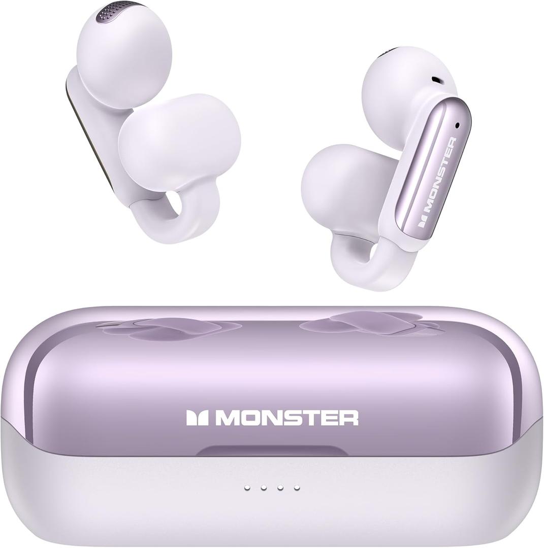 Monster Wireless Earbuds Open AC601, Comfort Clip-On Bluetooth Earbuds, Bluetooth 5.4 Open Ear Buds with Environmental Noise Cancellation, IPX5 Waterproof & Touch Control Wireless Headphones (Purple)