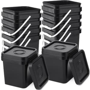 Suzile 10 Pcs Food Grade Square Bucket with Lid 1 Gallon Plastic Bucket 4.5L Utility Industrial Pail with Handle Container for Food Oil Tub Water Fishing Paint House Cleaning Car Washing (Black)