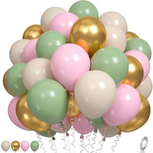 Pink and Green Balloons, Sage Green White Sand Party Balloons Chrome Metallic Gold Balloons Green Pink Latex Balloons for Kids Adults Boho Birthday Jungle Safari Party Wedding Baby Shower Graduation