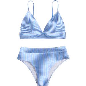 Verdusa Women's Striped High Waist Bikini Sets Swimsuit 2 Piece Bathing Suits (Blue and White)